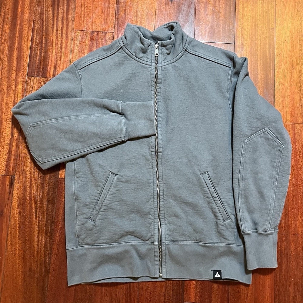 American Giant Zip Up Mens Large Gray Elbow Patches Sweater Pockets Made In USA